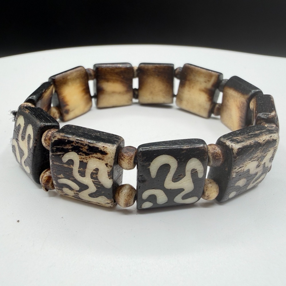 Brown Cream Square Bead Stretch Bracelet Tribal Boho Statement Vintage Gift